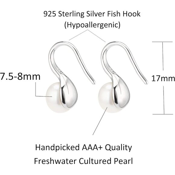 925 Sterling Silver Hoop Handpicked AAA+ Quality 7.5-8mm White Freshwater Cultur - Picture 3 of 6